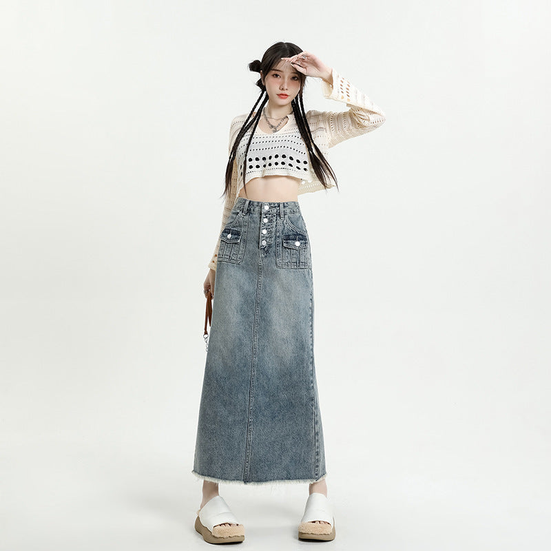 Women's Fur Edge Retro Denim Skirt