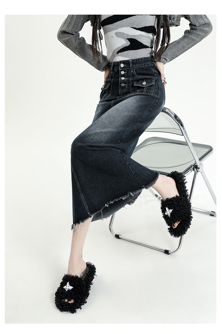 Women's Fur Edge Retro Denim Skirt