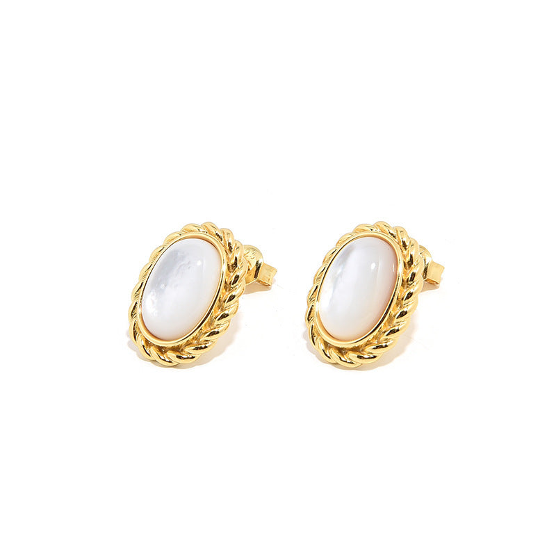 French Retro S925 Silver Plated Threaded Agate White Shell Oval Earrings