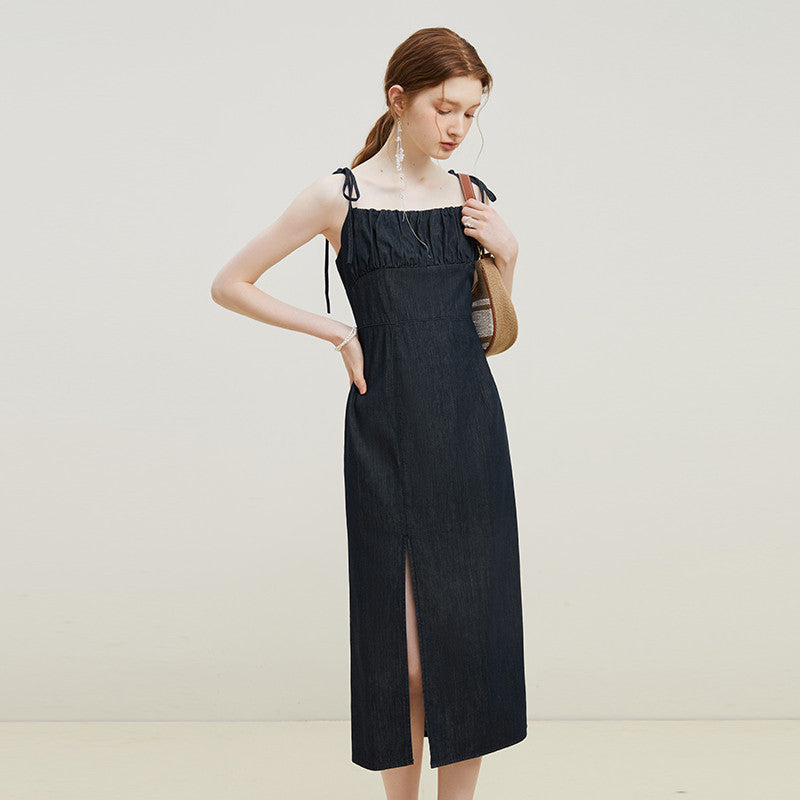 Lazy Style Denim Strap Dress With Slit Hem