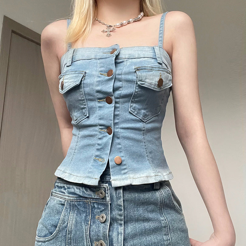 Women's Fashion Stitching Row Button Denim Camisole