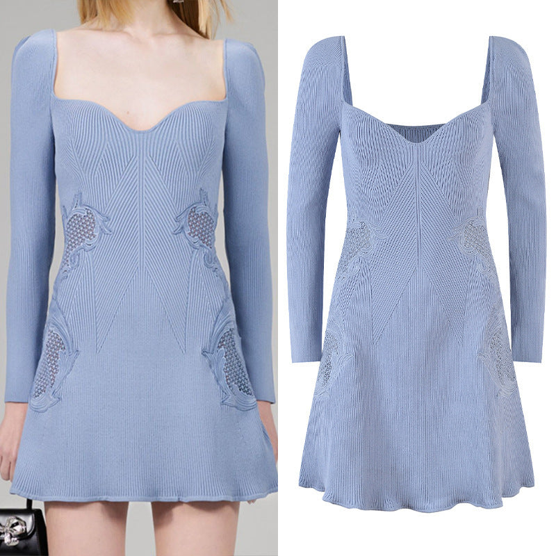 Mist Blue Lace Hollow Out Square-neck Cinched Slimming Embroidered Short French Dress