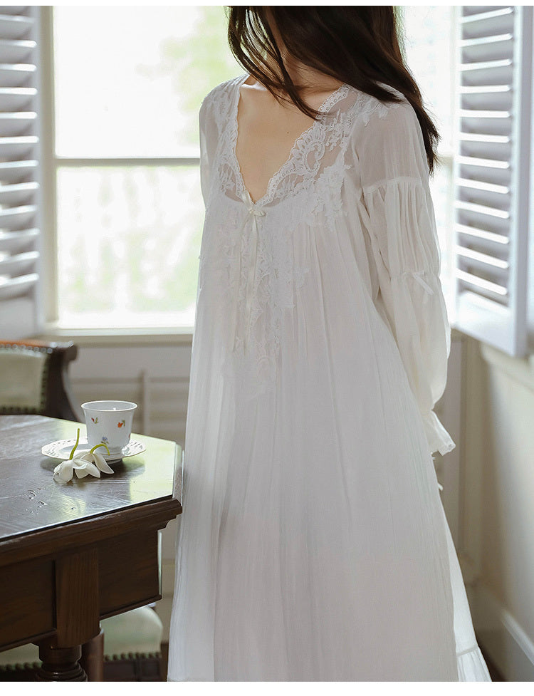 Women's Morning Gowns Spring And Autumn Cotton Long-sleeved Lace Pajamas Dress