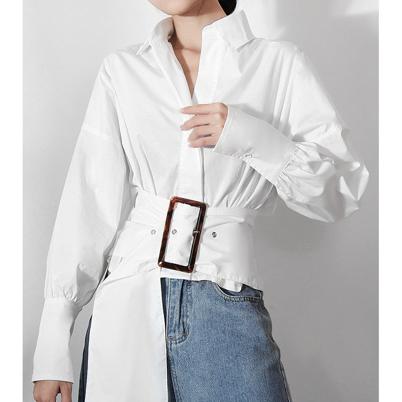 White shirt belt design niche long sleeved shirt