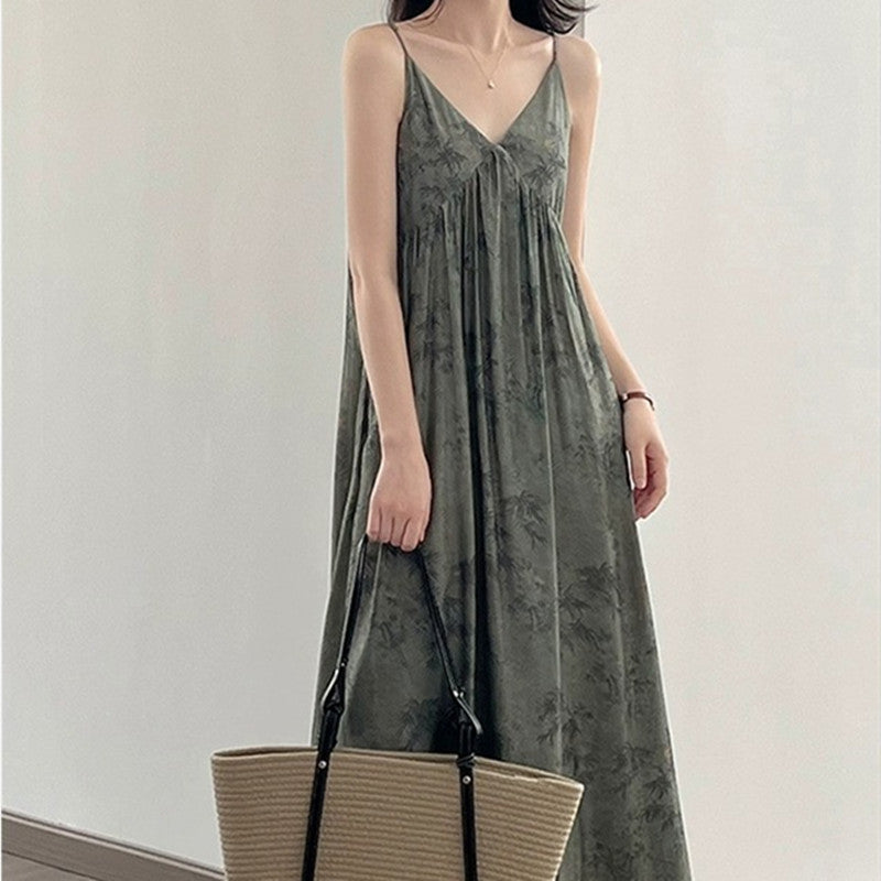 Ink Painting Printing Slip Dress Women's Summer Retro Loose