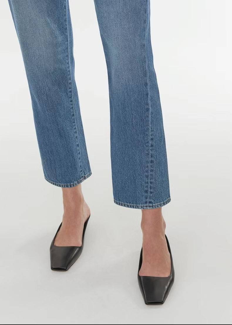 European and American high waisted elastic twisted straight leg seven quarter jeans