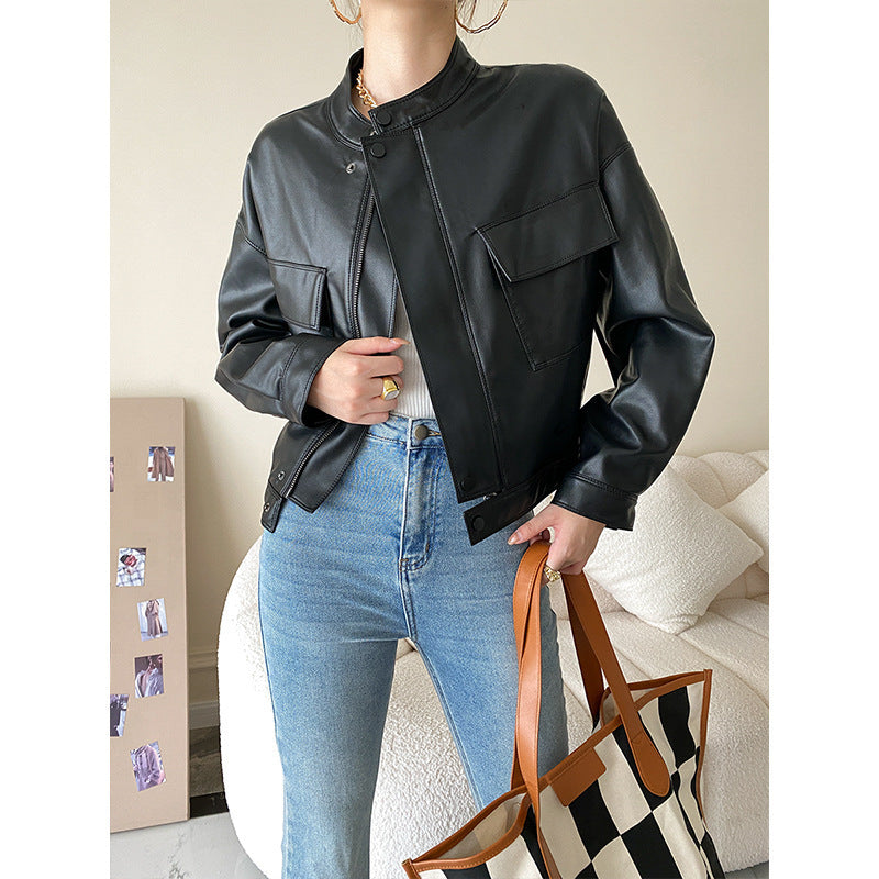 Women's Casual Small Stand Collar Coat Leather Jacket