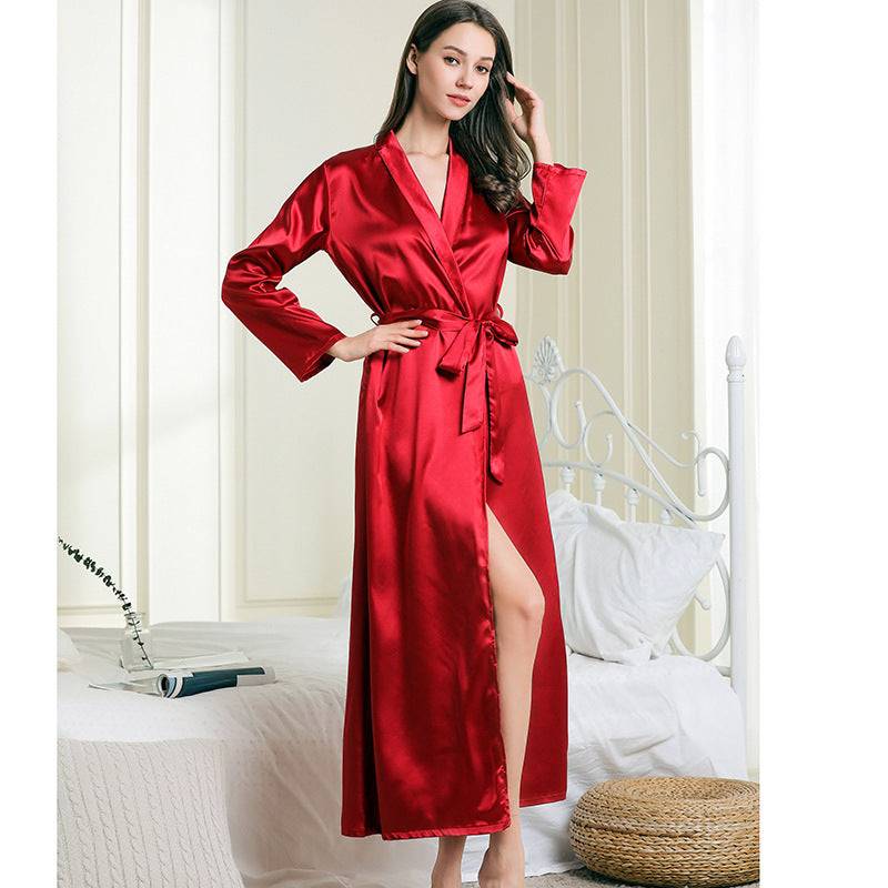 Faux Silk Lapel Long Nightgown Sexy Lace-up Pajamas