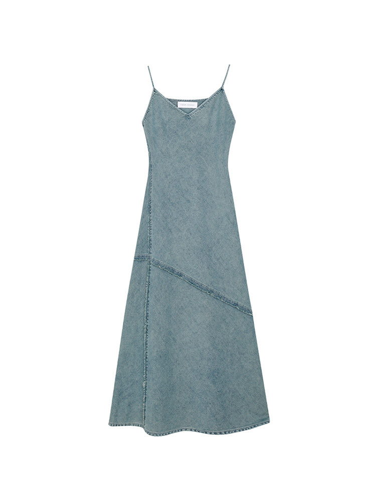 Female slim fit waist cinched denim camisole dress