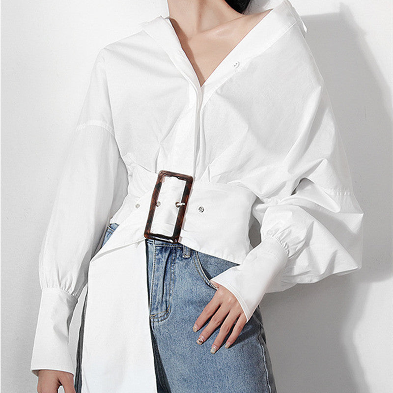 White shirt belt design niche long sleeved shirt