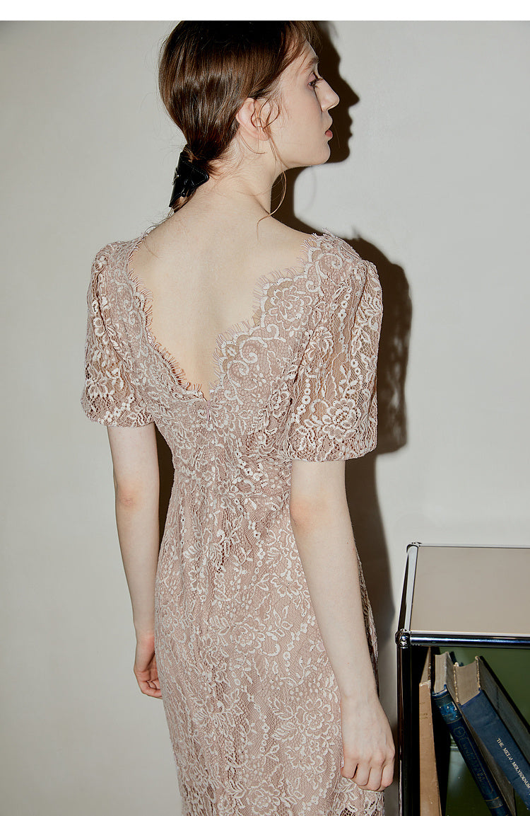 Mid Length Lace Bubble Sleeved A-line Dress