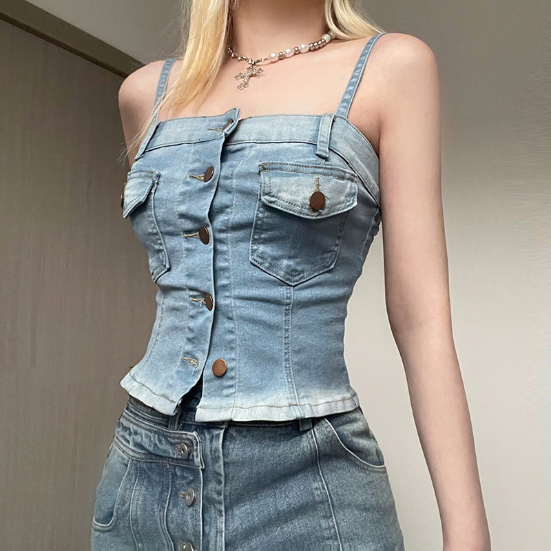 Women's Fashion Stitching Row Button Denim Camisole