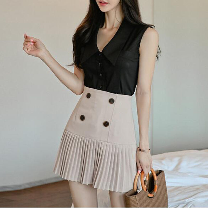 V-neck Sleeveless Shirt High Waist Pleated Skirt Two-piece Set