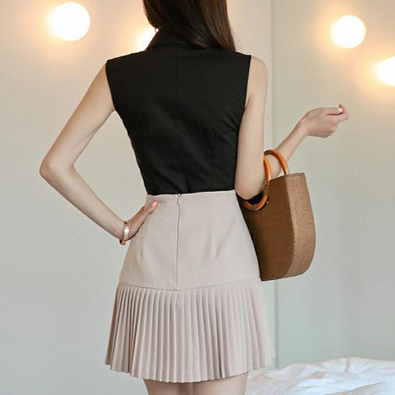 V-neck Sleeveless Shirt High Waist Pleated Skirt Two-piece Set