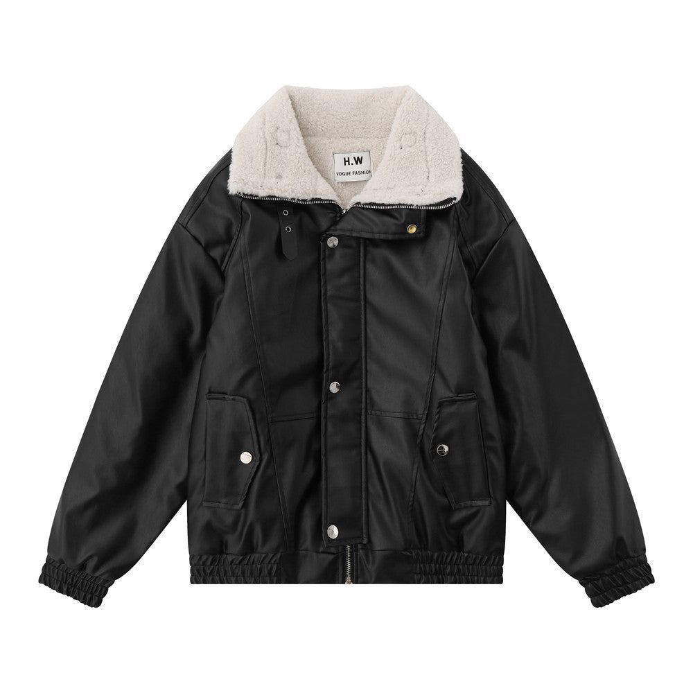 Winter Fleece-lined Thickened Motorcycle Pu Fur Integrated Baggy Coat