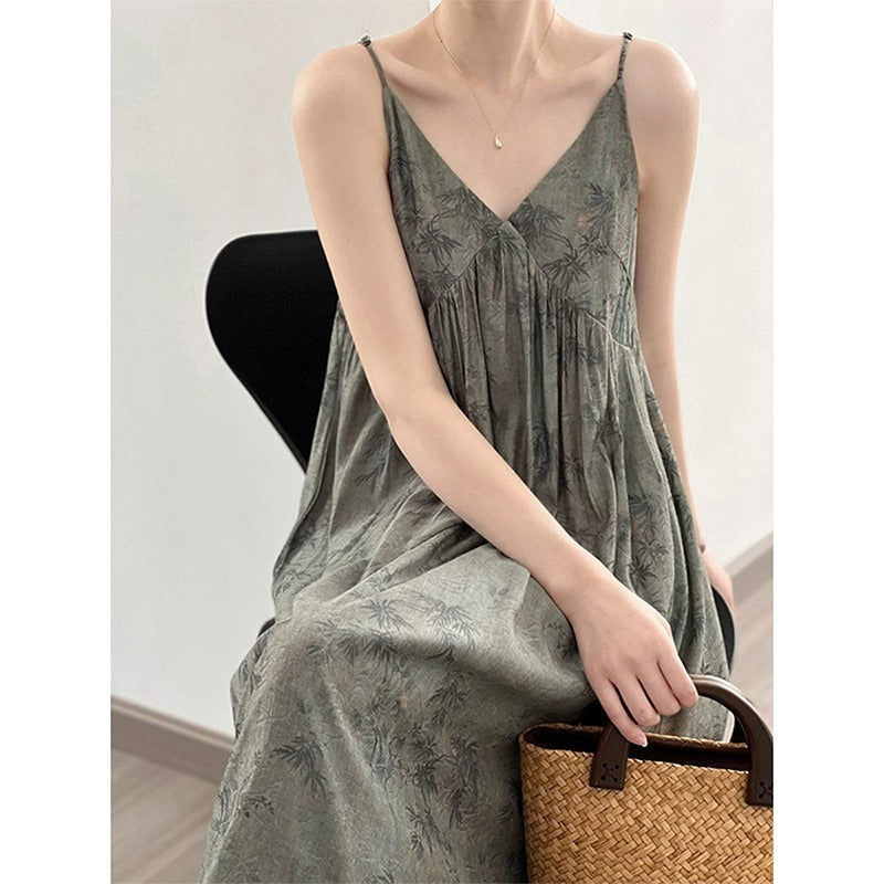 Ink Painting Printing Slip Dress Women's Summer Retro Loose