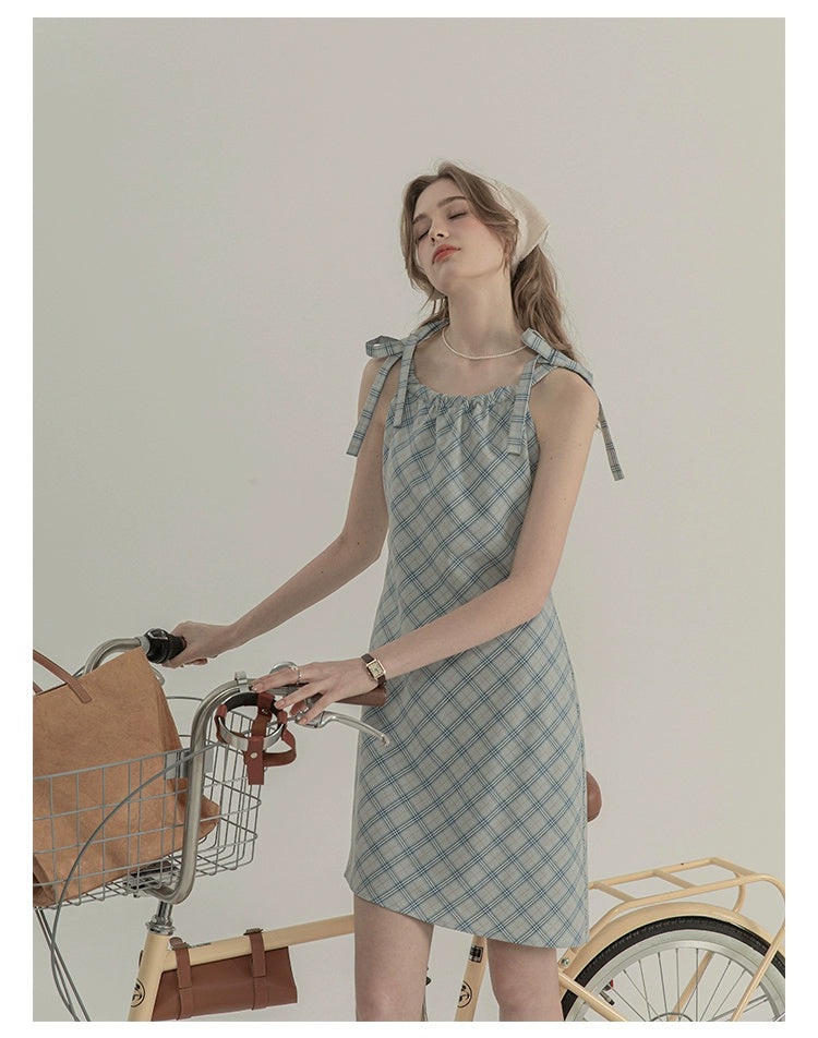 Plaid Sleeveless Strap Design Dress For Women Summer Elegant Figure Flattering