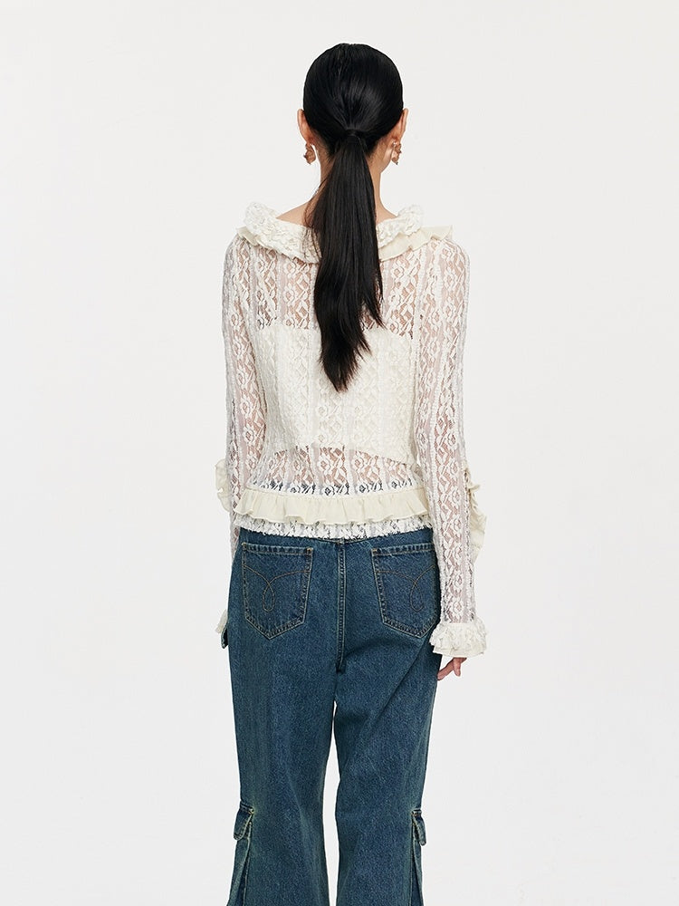 Lace tie paired with mushroom edged long sleeved pullover